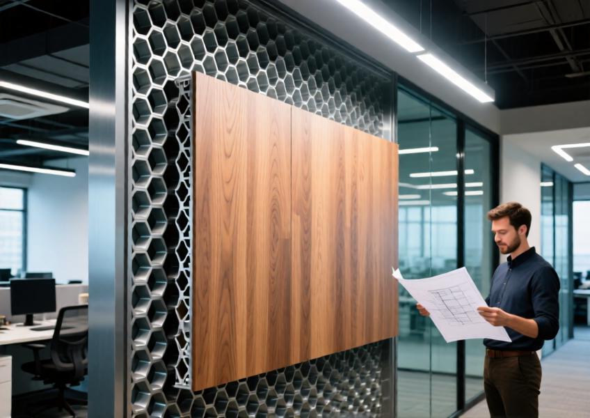 Detailed view of the panel's construction and finish in a corporate office, illustrating material realism and integration into sustainable design.