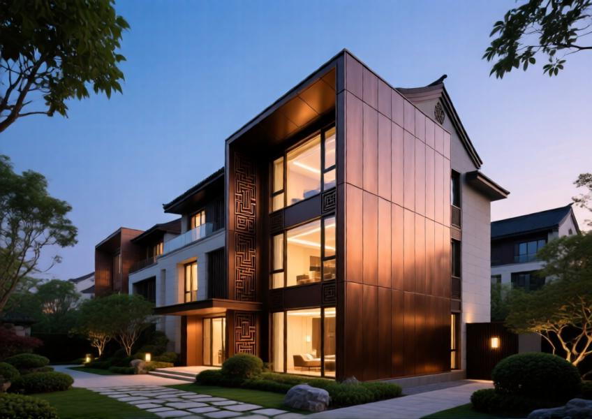 A high-end residential façade using bronze aluminium cladding to merge modern aesthetics with cultural elegance in a tranquil urban setting.