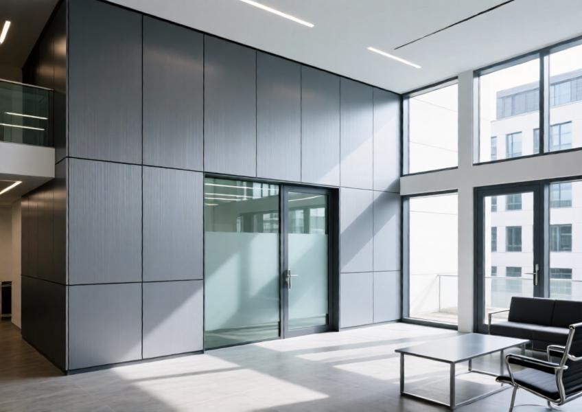 Energy‑efficient aluminium cladding in a modern, sustainable office lobby.