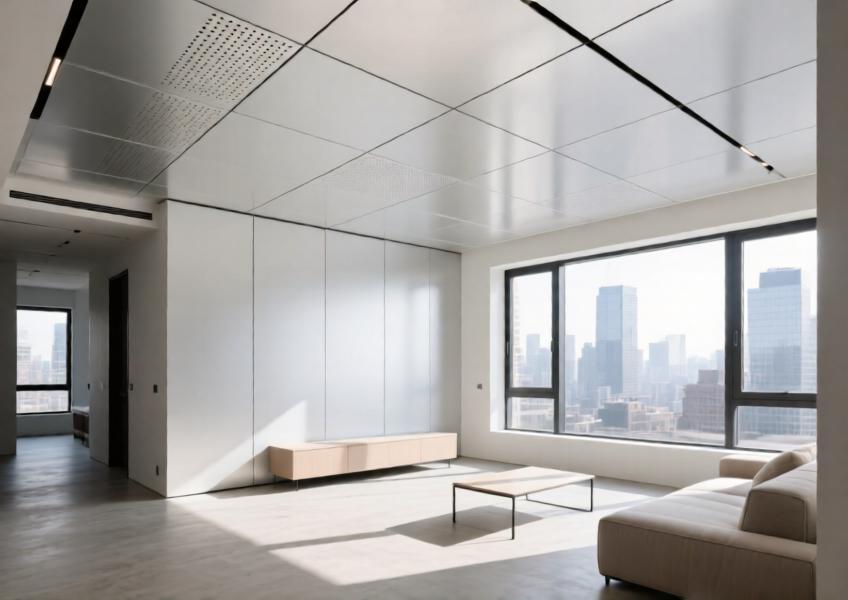 Interior view of a high-end residential space with white aluminium ceiling panels, emphasizing refined aesthetics, hidden technical systems, and enhanced spatial perception through light reflection.