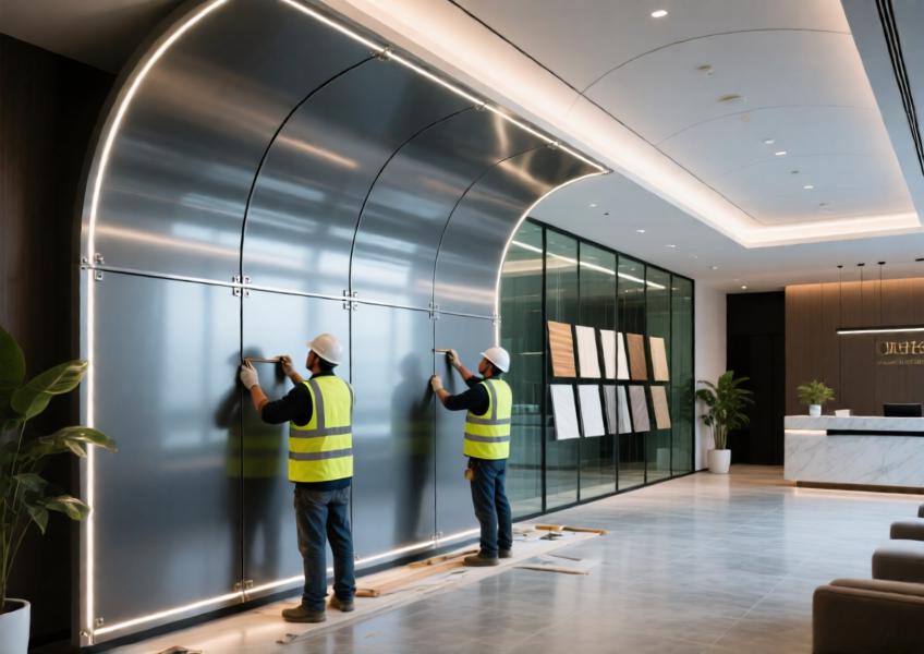 Hotel lobby ceiling installation of curved aluminium panels