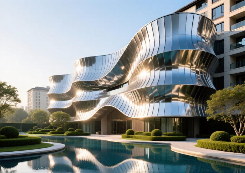 An artistic yet realistic depiction of a high-end residential building using sculptural aluminum cladding to achieve a fluid, organic aesthetic.