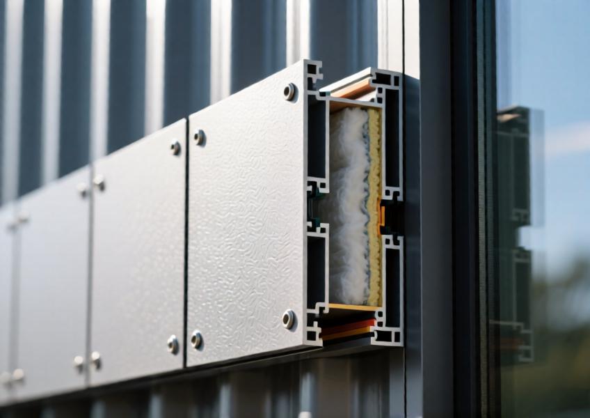 Detailed view of an aluminum cladding panel highlighting technical construction, sustainability features, and integration within energy-efficient building envelopes.