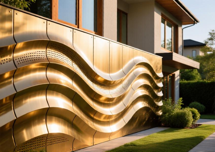 Detailed view of curved, perforated aluminium facade panels on a residential building, demonstrating design flexibility and integration with natural surroundings.