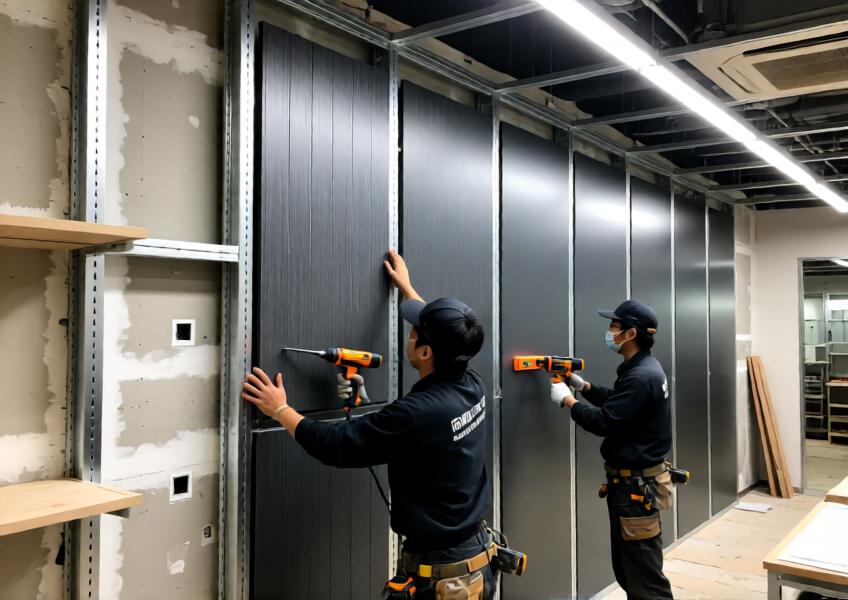 A realistic scene of ACM panel installation in a commercial retail space, highlighting the lightweight, efficient, and straightforward mounting process.