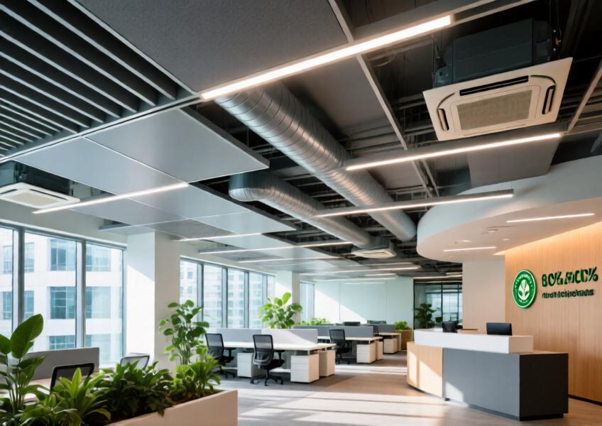 Realistic image of a sustainable office environment utilizing recycled-content aluminium ceiling cladding as part of a tech-integrated, environmentally responsible interior design.