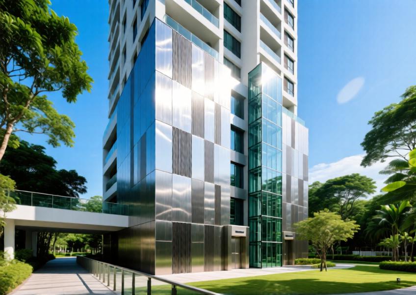 Dynamic brushed aluminium panels reflecting changing light on a Singapore tower.