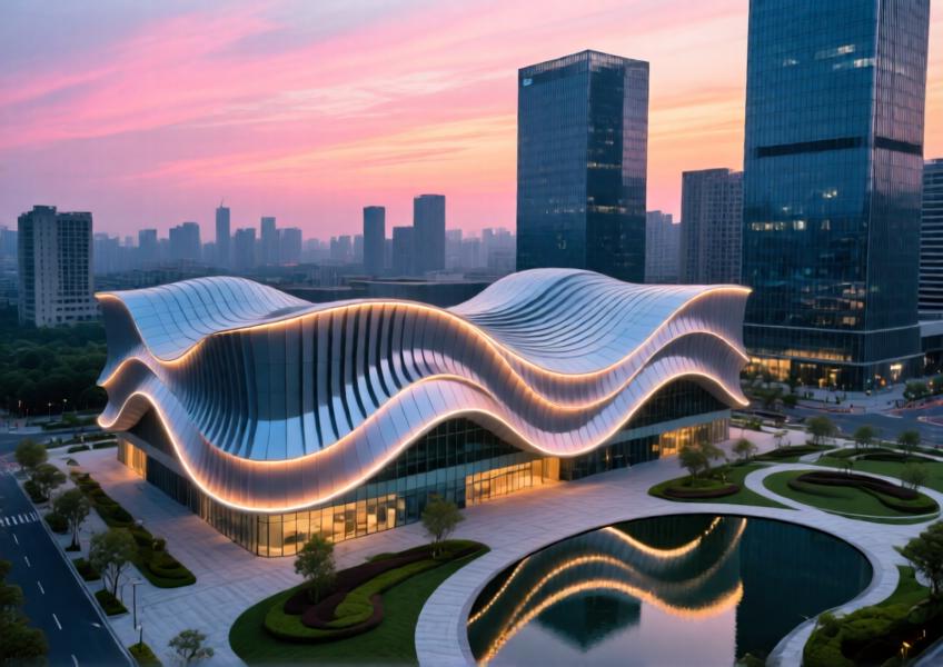 Shanghai mixed‑use building with wave‑like aluminum composite cladding.