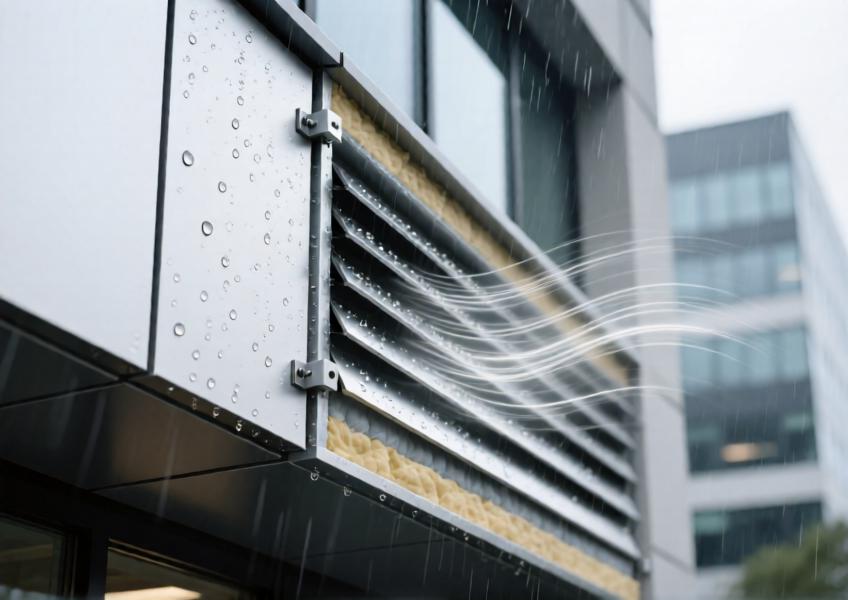 A detailed close-up of an insulated aluminium panel system with rainscreen technology, illustrating its functional layers and performance features in a realistic architectural context.