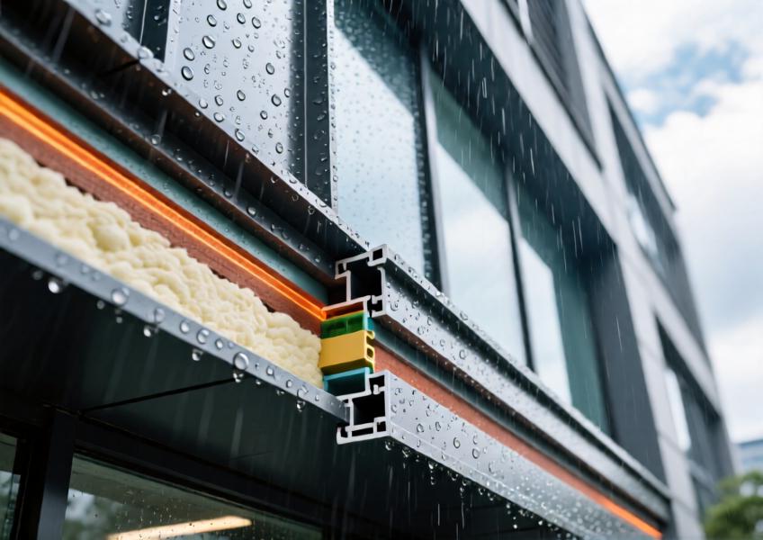 A detailed close-up illustration of advanced aluminum cladding technology emphasizing energy efficiency, durability, and sustainability features.