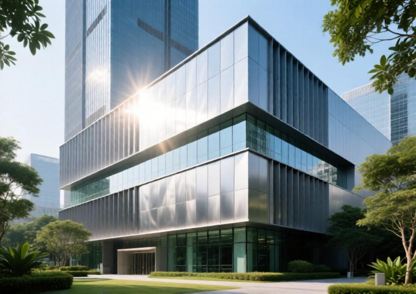 An energy-efficient office building in Guangzhou featuring a double-skin façade with aluminium cladding that reduces cooling loads and enhances thermal performance.