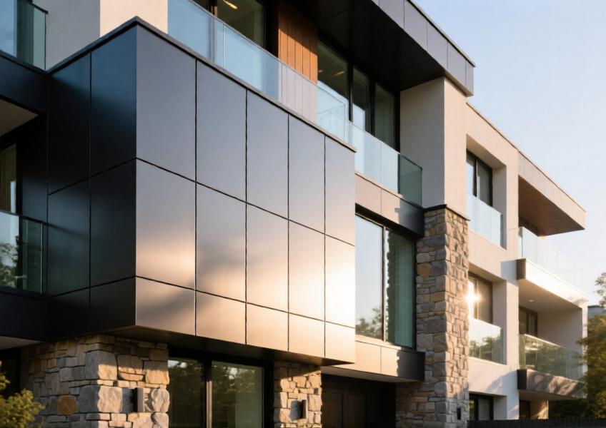 A sunlit luxury residential façade combining aluminum, glass, and stone