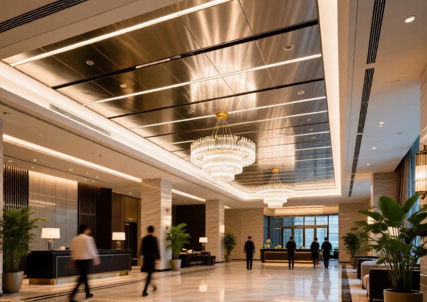 Realistic portrayal of a commercial hotel lobby using durable brushed aluminium ceiling cladding to achieve a sleek, low-maintenance, and fire-resistant design suited for high-traffic areas.