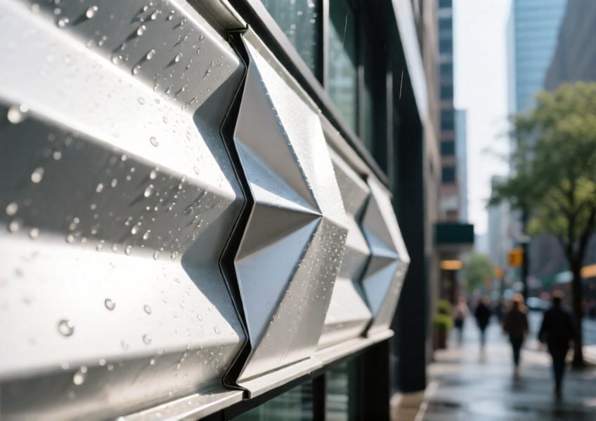 A detailed close-up of folded aluminium cladding showing material texture, finish, and shadow play under natural lighting, illustrating durability and aesthetic refinement.