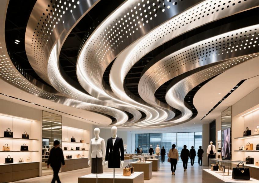 Interior of a high-end retail environment showcasing curved aluminum ceiling panels for aesthetic and functional design.