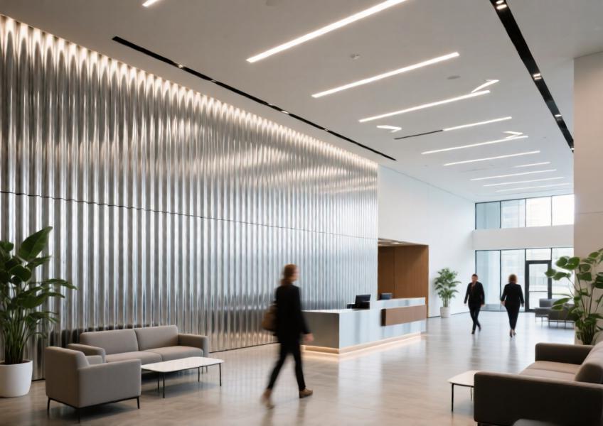 Interior commercial space showcasing corrugated aluminum cladding as a design feature wall, emphasizing its role in guiding spatial flow and adding industrial elegance.