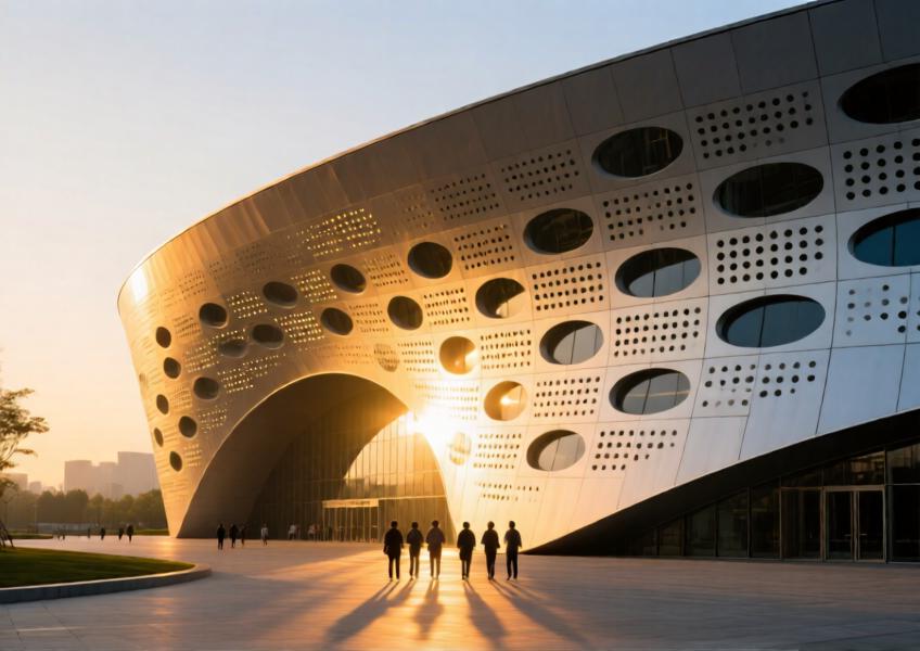 Dawn at the Beijing Performing Arts Centre with sun‑filtered perforated panels