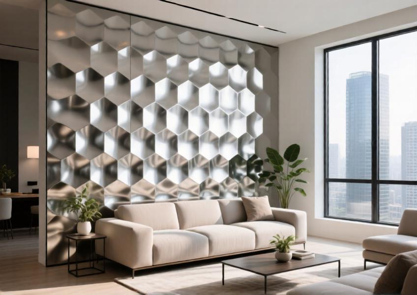 Realistic interior scene showcasing aluminum honeycomb wall panels in a luxury residential setting, emphasizing aesthetics and natural lighting.