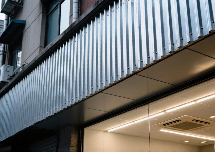 Detail view of corrugated aluminum cladding bridging exterior and interior spaces in a mixed-use development, illustrating continuity, texture, and functional design.