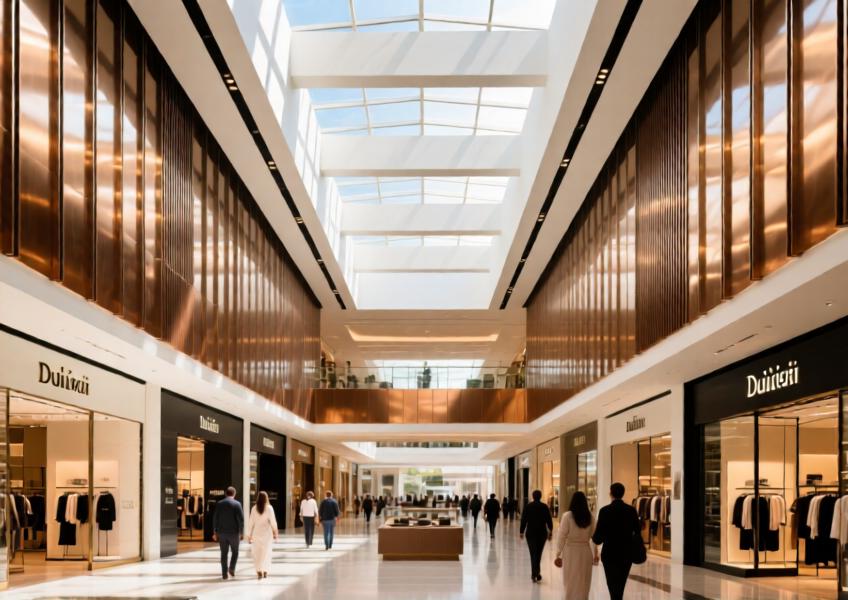 Luxury mall interior in Dubai featuring bronze-finished non combustible aluminium cladding enhancing the elegance and safety of the space.