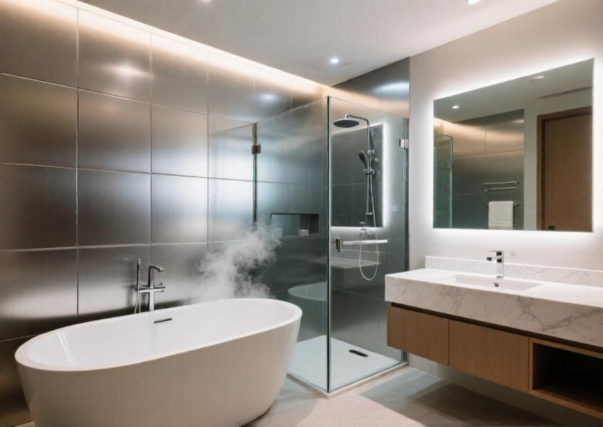 An elegant bathroom interior demonstrating the practical use of ACM panels in high-moisture areas, combining durability with modern design.