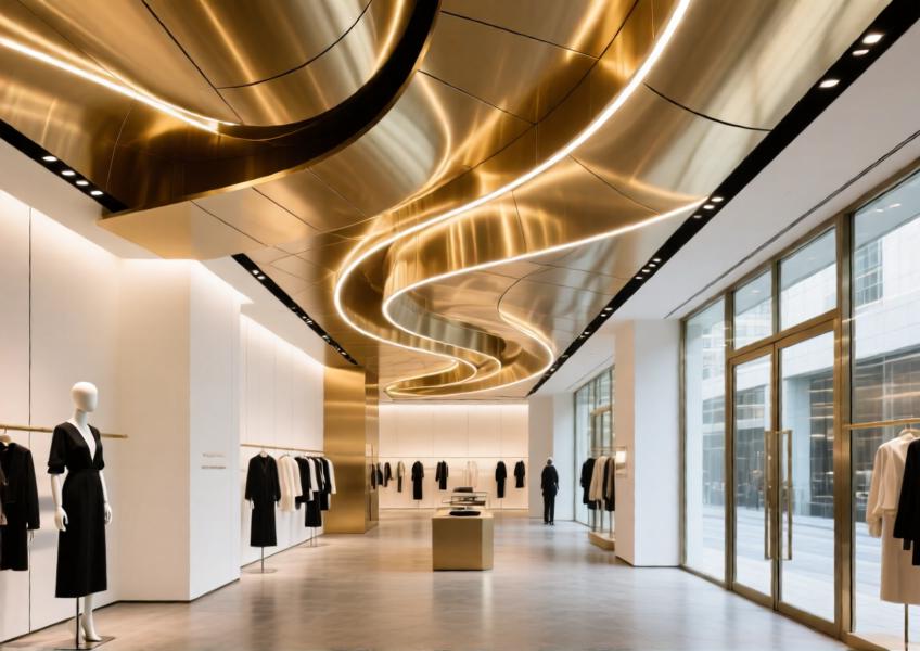 Interior of a high-end retail boutique featuring a fluid, light-directing ceiling made of aluminium composite panelling.