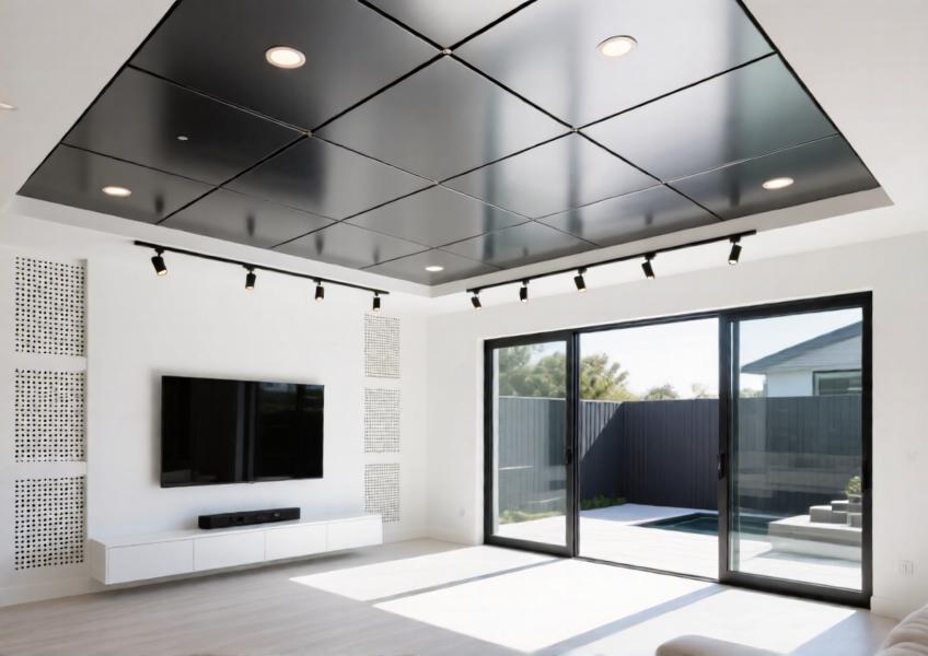 A high-end residential interior featuring a modern aluminum ceiling system combining aesthetic refinement with functional acoustic design.