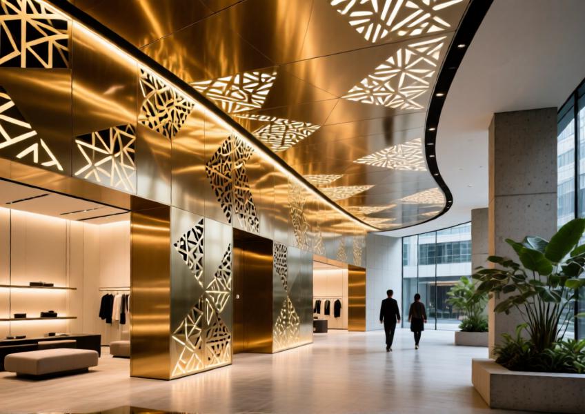 Commercial interior using decorative aluminum cladding with perforated patterns, illustrating aesthetic versatility and brand-focused spatial design.