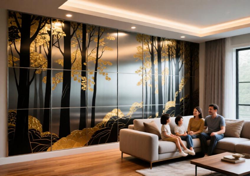 Interior scene showing the artistic versatility of aluminium panels in a home setting, used as a visually captivating statement wall.