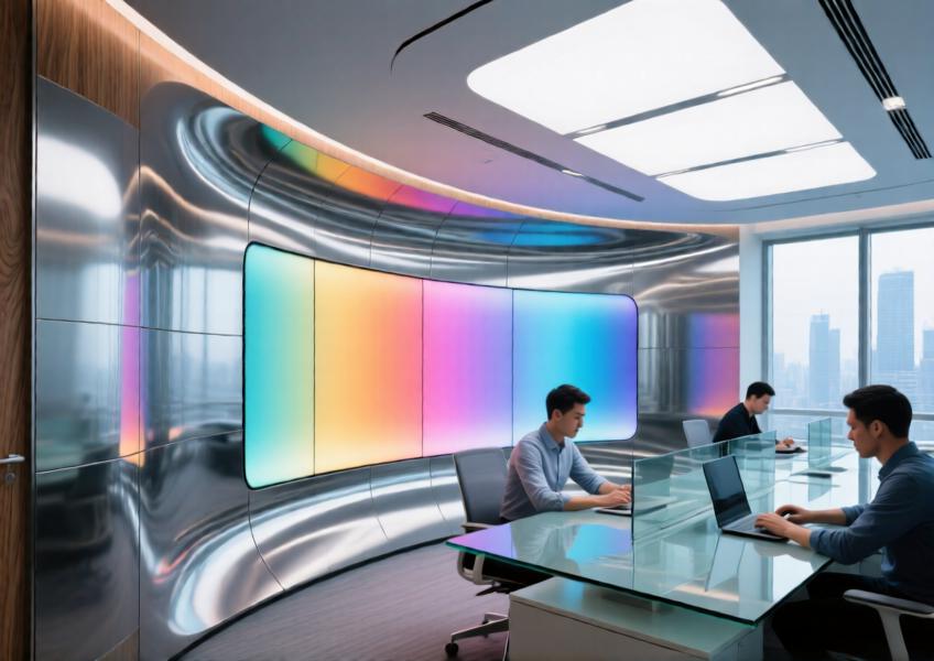 Curved, reflective aluminum walls in a Shanghai office, illustrating design innovation and brand identity.