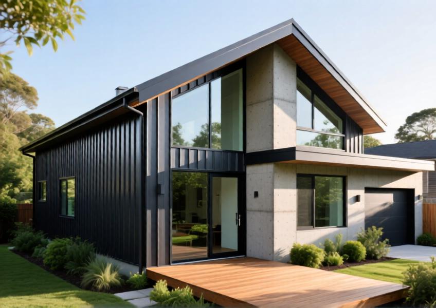 Modern residential home using aluminium standing seam cladding as part of a mixed-material exterior, demonstrating aesthetic versatility and compatibility with sustainable design.