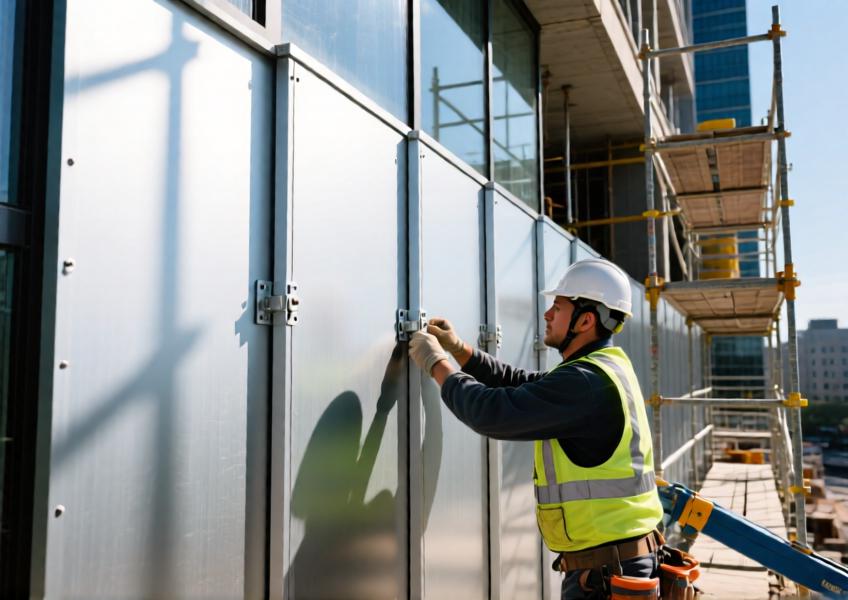On-site installation of 3mm solid aluminium cladding on a commercial building, illustrating the ease and precision of assembly in modern construction.