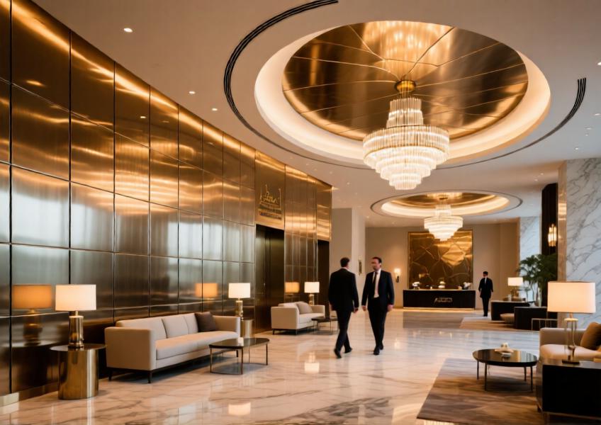 Luxury hotel interior showcasing sleek 3mm solid aluminium cladding on walls and ceilings, contributing to a refined and contemporary ambiance.