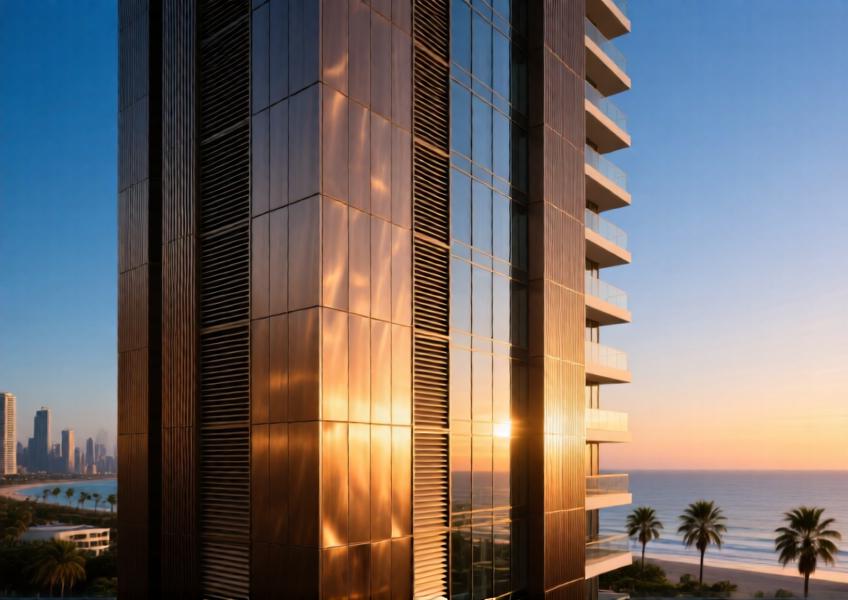 An elegant high-end residential tower at sunset, highlighting the aesthetic and textural qualities of bronze-anodized aluminium panels in a coastal environment.