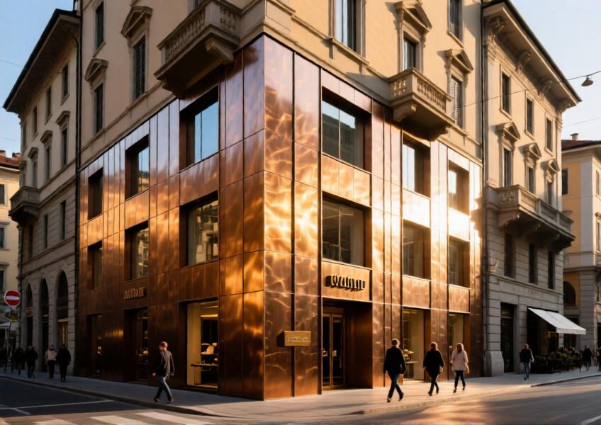 Milan boutique hotel featuring a warm bronze-finished aluminium cladding facade, blending modern luxury with urban context during golden hour lighting.