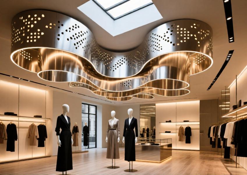 High-end retail interior highlighting pressed aluminium cladding used creatively for acoustic and aesthetic ceiling design.