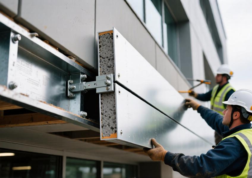 Detailed construction scene highlighting the installation and composite structure of an ACM metal panel system.