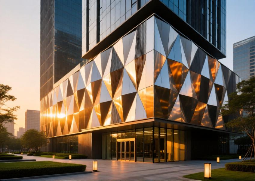 An artistic yet realistic depiction of a luxury building in Shanghai using aluminium rainscreen cladding, capturing the visual dynamism and sustainability credentials under changing light conditions.