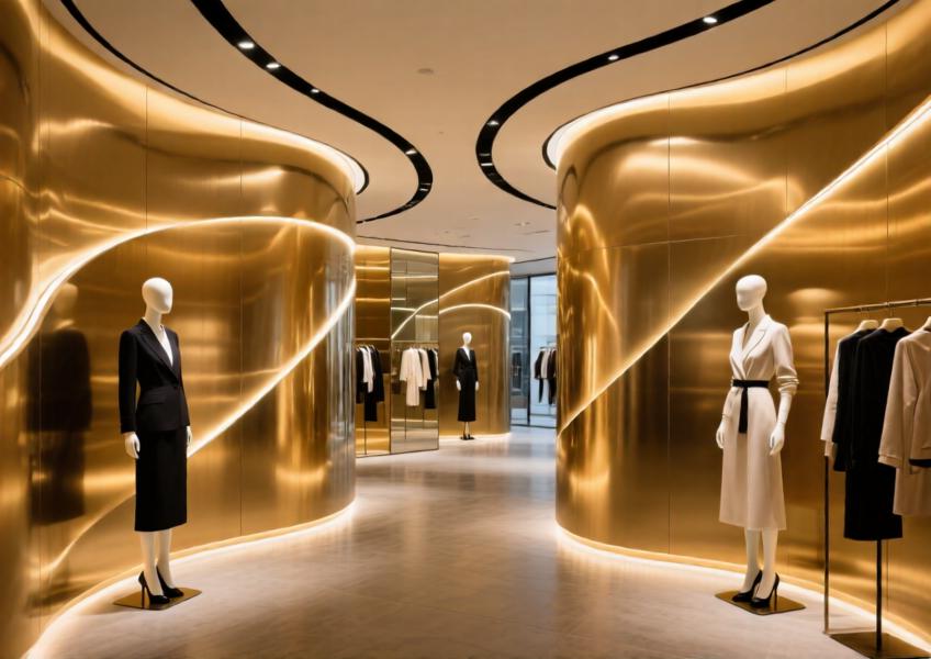 Interior use of ACM panels in a high-end retail environment, showcasing curved partitions with aesthetic and spatial functionality.