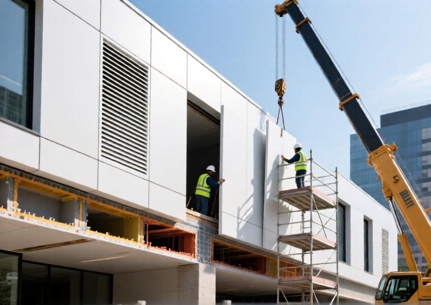 Construction-phase view of a high-performance aluminium facade system highlighting sustainability, advanced installation, and technical layering.
