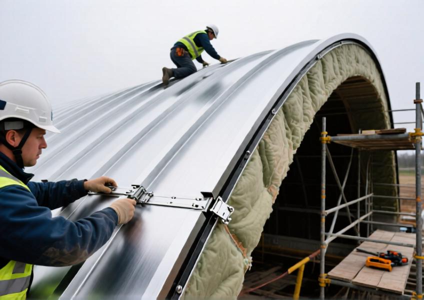 Detailed installation scene of aluminium standing seam cladding, illustrating the precision, concealed fastening system, and ease of assembly on complex forms.