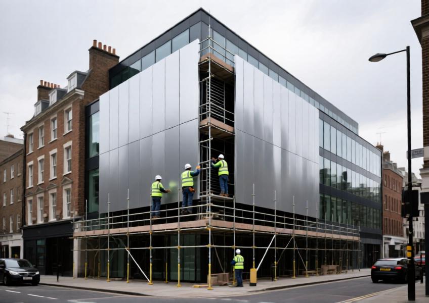 Retrofit installation of aluminium rainscreen system on a London office building, showcasing construction process and urban context.