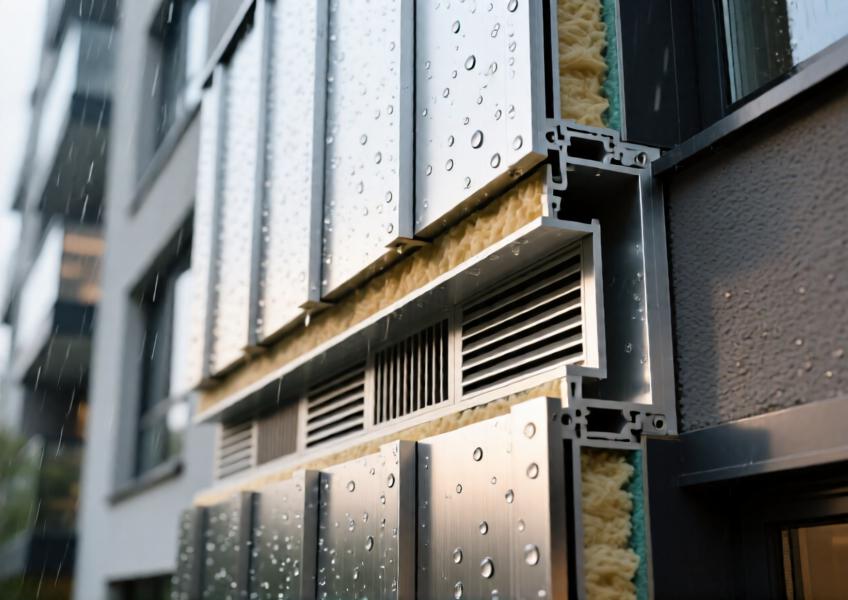 A detailed close-up illustration of the technical construction and performance features of aluminium rainscreen cladding, showing ventilation, drainage, and material layers.