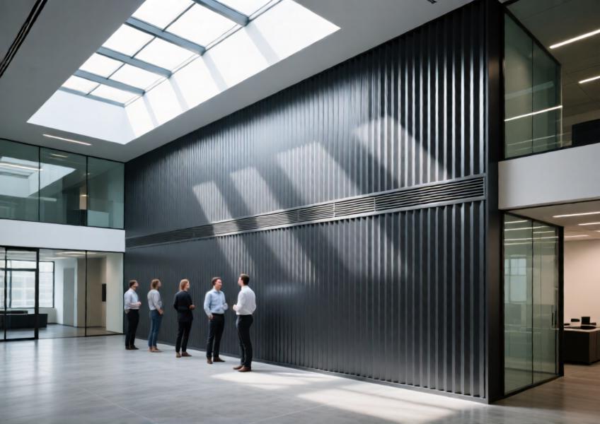 Modern interior feature wall demonstrating thermal performance and aesthetic versatility of corrugated aluminum panels.