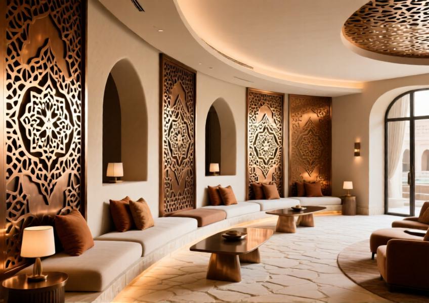 A culturally inspired hotel lounge where decorative aluminum panels merge heritage motifs with modern materials, creating a luxurious and immersive environment.
