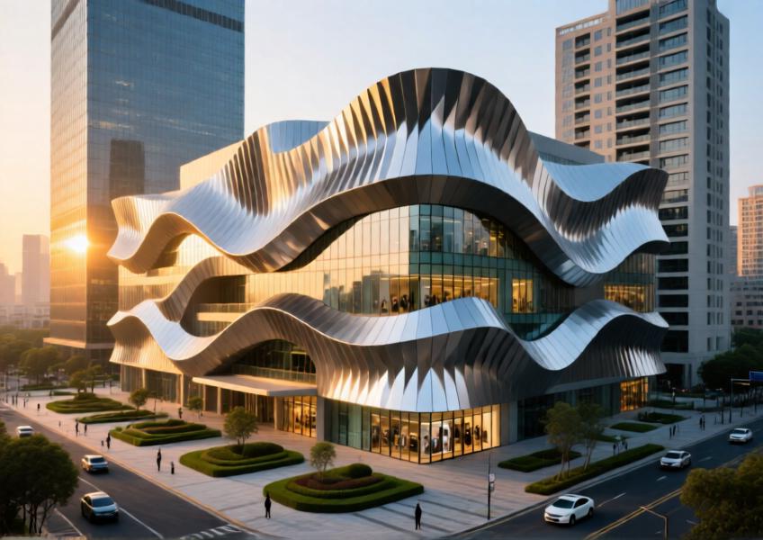 A wide-angle view of a real-world application of folded aluminium cladding in Shanghai, capturing the fusion of artistic form, engineering performance, and urban integration.