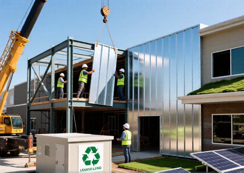 A realistic depiction of aluminum cladding installation highlighting its lightweight, sustainable qualities.