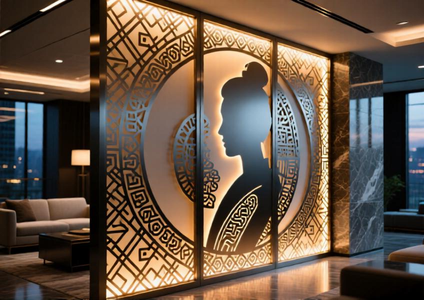 A decorative aluminium mesh wall partition with laser-cut cultural patterns, used as a backlighted design feature in a premium architectural interior.