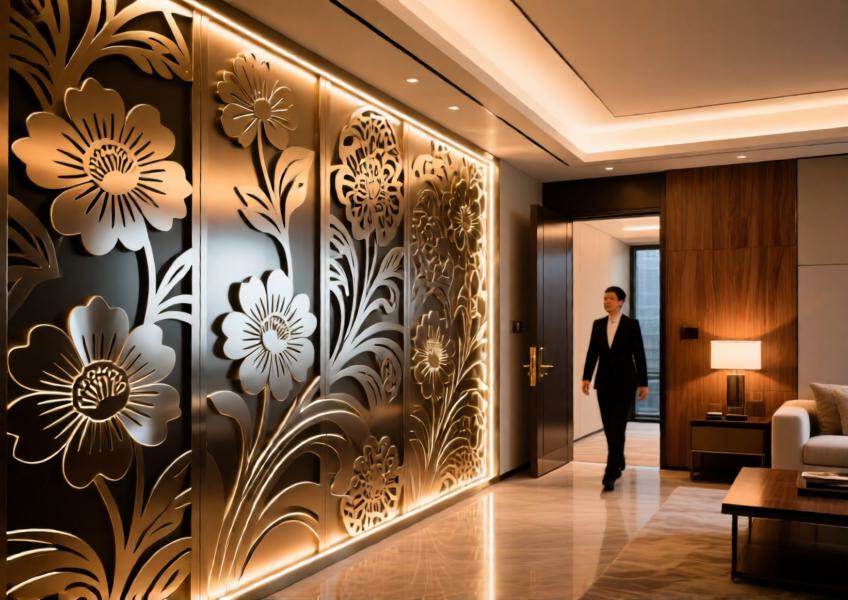 An artistic interior scene of a high-end residential entrance featuring custom laser-cut aluminum panels that merge modern technology with timeless elegance.