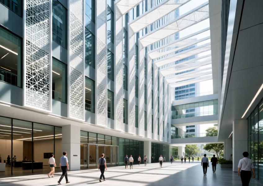 A sustainable office atrium with aluminium mesh sunshades reducing solar heat gain while contributing to the building’s sleek architectural rhythm.